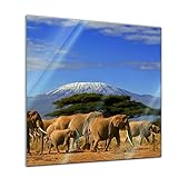 Glasbild - Elefanten am Kilimandscharo - 20 x 20 cm - Deko Glas - Wandbild aus Glas - Bild auf Glas - Moderne Glasbilder - Glasfoto - Echtglas - kein Acryl - H