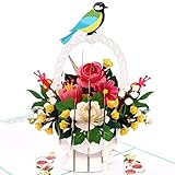 MOKIO® Pop-Up Blumenkarte – Blumenkorb mit Schmetterling und Vogel – 3D Geschenkkarte für Geburtstag, Genesung, Pensionierung oder als Gutschein, Blumen Grußkarte mit Umschlag