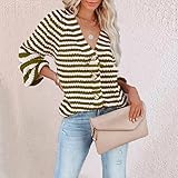PKYGXZ Damen Gestreifter Pullover Lose Einreiher V-Ausschnitt Strickjacke Strickwaren Warme Weiche Strickpullover Shirts Bluse Freizeit Mantel Jack