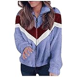 Damen Teddyfleece Jacke Mode Plüsch Strickjacke mit Reißverschluss Farbblock Teddy Cardigan Oversize Plüschjacke Flauschjacke Übergangsjacke Herbst Winter Lockere Winterjacke Winterp