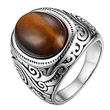 JewelryWe Herren-Ring, Oval Tiger-Auge Edelstahl, Retro Klasische geschnitzt Blumen Muster Ring Band, Silber - Größe 59