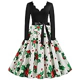 Masrin Weihnachtsfeier Kleid Damen Vintage 3D Print Abendkleid Langärmliges schwingendes Kleid mit V Ausschnitt Patchwork Skaterkleid mit hoher Taille Herbstkleid Cocktailkleid Ballk