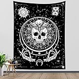 LB Psychedelische Motte Wandteppich Gothic Schädel und Mondphase Wandtuch Handskelett Sonne im Universum Wandbehang Schwarz Weiß Tapisserie für Wohnzimmer Schlafzimmer Wohnheim Wanddeko,100x150