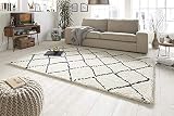 Hochflor Shaggy Teppich Modern Flauschig Weich Muster Design mit Raute für Wohnzimmer Schlafzimmer Zimmer Langflor Pflegeleicht Schadsstoff geprüft 160x230 cm Groß Beige Creme Schw