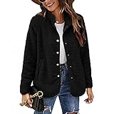 Damen Teddy Plüschjacke Oversize Fleecejacke Button Down Versteckter Knopf Winterjacke Kurzmantel Parka Oberbekleidung mit Tasche Klassischer schlichter Wintermantel Elegante Damen Oberbekleidung