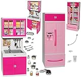 XL Set: Kühlschrank mit Eiswürfelspender & Spühle - mit Zubehör - Geschirr & Töpfe - für Puppenhaus - Miniatur für Puppenstube - passend für alle gängigen M