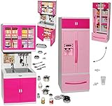 XL Set: Kühlschrank mit Eiswürfelspender & Spühle - mit Zubehör - Geschirr & Töpfe - für Puppenhaus - Miniatur für Puppenstube - passend für alle gängigen M