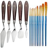 FineGood 5 Stück Palette Messer Set mit 10 Stück Malerei Pinsel, Edelstahl Spachtel Ölfarbe Metall Malmesser Holzgriff und Nylon Haarbürsten für Künstler Anfäng