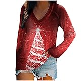 Komiseup Farbverlauf Langarmshirt Damen Beiläufig V-Ausschnitt Weihnachten Printed Sexy Langarm Tops Pullover Bluse T-Shirt Tops Weihnachtsdruck Langarm Tops Weihnachtskostüm für D