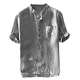 Yowablo Herren Leinenshirt Kurzarm Stehkragen Leinen mit Brusttaschen Sommer Slim Fit Casual Leicht Freizeit Shirts für Männer (3XL,3Grau)