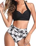 CKMKSA Damen Badeanzug Zweiteiliger Bikini Set Hohe Taille Wrap Bikini Bottom Halter Push Up Pads Sportliche Bademode Retro Strand Bikini f¨¹r Frauen 1045A L