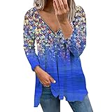 Damen V-Ausschnitt Reißverschluss Pullover Lose Lässiger Langarmshirt Herbst Winter V-Ausschnitt Langarm Shirt Blumen Drucken Plissierter Saum Bluse Lange Casual Oberteil Pullover (Blue, M)