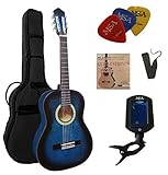 3/4 GITARRE - KONZERTGITARRE IM SET - CLASSIC - BLAU-SCHATTIERT - DECKE LINDENHOLZ - TASCHE - BAND - SAITEN - 3xPIK - STIMMGERÄT ET33B - C9