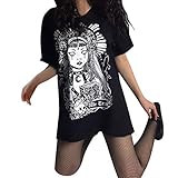 FRAUIT Damen Gothic T-Shirt Kleid Plus Size Freizeit Sommerkleid Punk Schwarz Retro Bedrucktes Kurzarm Minikleider Casual Langes Shirt Lose Tunik