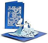 Glückwunschkarte zur Geburt mit extra Seite für Grüße - hochwertige Karte für Junge - blaue 3D Pop-Up Geburtskarte für Jungen mit Storch & Baby zur G