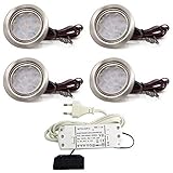 vislux 4er Set LED Möbelleuchte Einbaustrahler Edelstahl Gebürstet flach 3W warmweiß 3200K 200lm 12V + 15W LED Trafo 230V für das Wohnzimmer, Küche und B