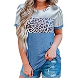Damen Lässig Gestreifter Print Patchwork Rundhals Kurzes T-Shirt Bluse Mittellang Mode Persönlichkeit Classi-fit T-Shirt Bluse XL