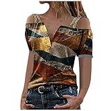 MRULIC Oberteile Damen Kurzarm Schulterfrei Druck Shirt Mode Tops Blusen Sommer Casual T-Shirt Sommerbluse LäSsige Lose Sommertop Frauen S