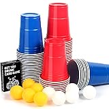 Upchase Beer Pong Becher, Bierpong Partybecher Sets (100 Becher 10 Bällen), 473ml Bierpong Cups mit Bällen, Plastikbecher Rot und Blau 16oZ, für Weihnachten Geburtstag Festivals H