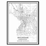 Bellingham Washington Vereinigte Staaten Karte Wandkunst Leinwand drucken Poster Artwork ungerahmt moderne Schwarz-Weiß-Karte Souvenir Geschenk Home D