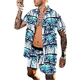 Kurzarm Set Herren Vintage Persönlichkeit Druck Hemd/Kurze Hose Herren Hawaii Urlaub Sandstrand Style Set Herren Sommer Regular Fit Set H