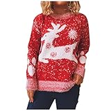 Uobtxw Weihnachtspulli Damen Christmas Ugly Sweater Rentier Weihnachten Pulli Langarm Rundhals Slim Fit Pullover Sweatshirt Gestrickte Jumper Sweatshirt (E Red, L)