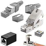 GZLFH 2 Stk RJ45 Stecker mit 1 Stk RJ45 Kupplung, 500Mhz 10Gbit Abschirmung Werkzeuglosen Feldkonfektionierbar für Patchkabel und Verlegekabel CAT6 / CAT6a / CAT7 / CAT7