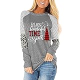 TTWOMEN Weihnachten Damen Rundhalsausschnitt Langarm Pullover Tops Casual Leopard Splicing Elch Print Loose Fit T-Shirt B