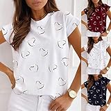 Fauean T-Shirt Damen Sommer Oberteile Casual Rundhals Shirt Hemd Elegante Blusen Tops Schicke Kurzarm Bluse Liebesmuster Sexy Oberteile Female Teenager M