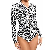 Joyshaper Damen Langarm Body Leopard Blusenbody V-Ausschnitt Bodysuit Jump