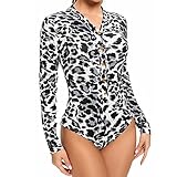 Joyshaper Damen Langarm Body Leopard Blusenbody V-Ausschnitt Bodysuit Jump