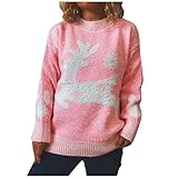 TTWOMEN Damen Wollstrick Shirts Tops Casual Rundhals Weihnachten Elch Print Langarm Pullover Pullover B