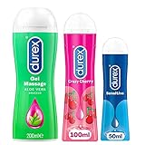 Durex 3 Stück Intim-Gleitgel – 2-in-1-Massagel Aloe Vera 200 ml – Essbares Schmiergel Kirschgeschmack 100 ml – Intim-Gleitgel Sensitive 50