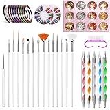 Nail Art Pinsel Set, ABsuper Gelnägel Nageldesign Zubehör,15 Stücke Nagel Pinsel Weiß,5 Dotted Pen,12 Töpfe Folienaufkleber,10 Maniküre Tapes,Strasssteine Nägel,Pailletten für Nagelkunst Maniküre S