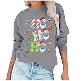 OIKAY Weihnachten Sweatshirt Damen Weihnachtsmann Druck Pullover Rundhals Langarmshirt Bedrucktes Oberteil Tops Herbst Elegante Freizeit T-Shirts Bluse Xmas Pulli Top(F Grau,XL)