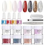 TOMICCA Dip Powder Nail Kit 8 Farben Dip Powder with Base Top Coat Activator Brush Saver Glitter Nude Pink Series Acrylic Dipping Powder System with Recycling Tray Brush Nail File Party S