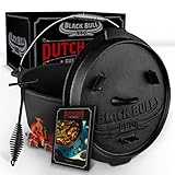 Black Bull BBQ [Das Original] - Dutch Oven Set [7L] – Eingebrannter Feuertopf aus Gusseisen mit Füßen & Deckel – Ausgezeichnet von Vergleich.org – inkl. Deckelheber - mit e-Book