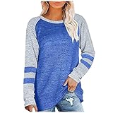 Orgrul Langarmshirts für Damen Herbst Casual Rundhals Streifen Printed T-Shirt Klassisch Lose Patchwork Winter Tops Bluse (XL, Blau)