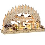 Monzana Schwibbogen Holz 3D Effekt 11 LED Lichter Batterie Winterdorf Weihnachten Lichterbogen Weihnachtsdeko Hellb