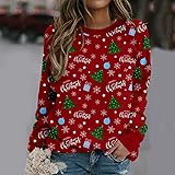 Damen Weihnachten Langarmshirt Pullover Herbst Winter Langarm Oberteile, Sweatshirt Casual O Neck Long Sleeve Sweater Übergroße Ohne Hoodie Retro Weihnachtspulli Rote Nase Hirsche Aufdruck