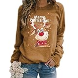 Tekaopuer Merry Christmas Bedrucktes Sweatshirt, Pailletten-Stickerei Rentier Pullover, Plaid Stitching Hem Top für Frauen Damen, Z4-khaki, 42