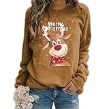 Tekaopuer Merry Christmas Bedrucktes Sweatshirt, Pailletten-Stickerei Rentier Pullover, Plaid Stitching Hem Top für Frauen Damen, Z4-khaki, 42