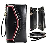 Abnehmbare Handgelenk-Geldbörsen für Frauen 2-in-1 lange Geldbörse Clutch Stickerei Leder Reißverschluss, schwarz, Larg