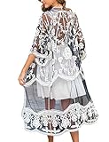 iWoo Kimono Damen Lang Strand Sexy Spitzen Cardigan Crochet Vorne Mode Perspektivische Festival Outfit-Schwarz Weiß