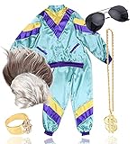 TK Gruppe Timo Klingler 6 in 1 Vokuhila Set mit Unisex Trainingsanzug, Assi Perücke, Goldkette, Brille - für Fasching & Karneval für 80er Outfit Kostü