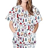 Graceyo Schlupfkasack für Damen, Pflege Kasacks Kurzarm V-Ausschnitt Weihnachten Pflege Uniformen Pflegeuniform Bluse mit Taschen Arbeitsuniform Frauen Nurse T-Shirt Oberteil Arbeitskleidung