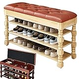 HPPED Massivholz Truhenbank Kunstleder Sitzbank Sitztruhe Truhe,3 Schichten Bequeme Schuhbank Mit Sitzfläche Stauraum Für Ihren Flur Aufbewahrungs-Truhe Sitzbank- 80 X 35 X 58