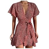 PMDKLSPQ Damen Bohemian Freizeitkleider Blumen Muster V Ausschnitt Faltenrock Langarm Minikleid Casual A-Linie Abendkleider Elegant Cocktail Partyk