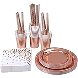 Aluminiumfolie Goldene Party Geschirr Set Tischdekoration Papier Tasse Strohhochzeit Geburtstags-Partybedarf 25pc (Color : Rose gold 125pcs)