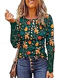 Felcia Frauen Weihnachten T-Shirt Druck Langarm Rippstrick Knopfleiste Casual Urlaub Pullover Tops, A-grüner Elch, X-Larg